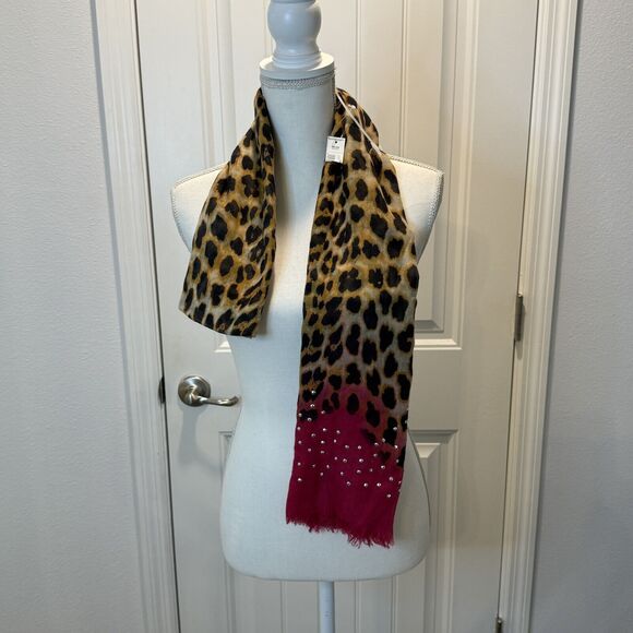 Large Leopard Spotted Scarf Bright Pink Accents Studded 27 x 100 NWT - Picture 10 of 14